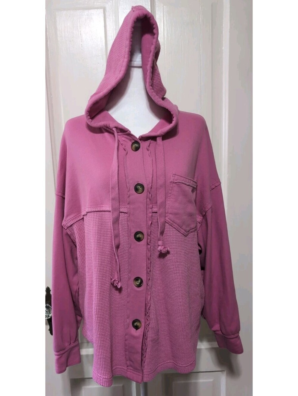AMERICAN EAGLE PINK HOODED SHACKET SHIRT WAFFLE LIVED IN FEEL Woman XS/S(1499)D